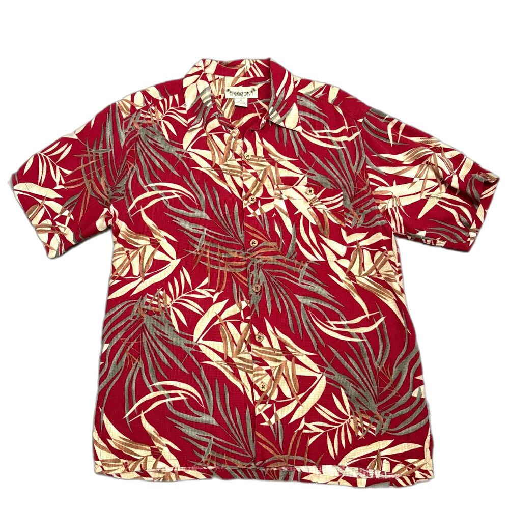 Paradise Coves Red Silk Blend‎ Hawaiian Shirt Tropical Palm Leaf Vacation Medium